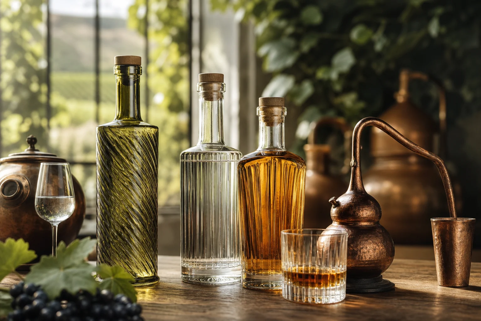 Bouteilles de spiritueux artisanaux sur fond bois chaleureux.